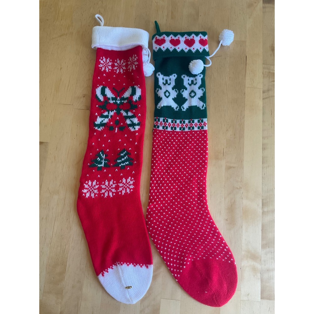 Vintage Knit Christmas Stockings Set 2 Teddy Bear Candy Cane Red Green Pom Poms